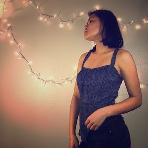 CABI Dark Blue and White Polkadot Babydoll Blouse